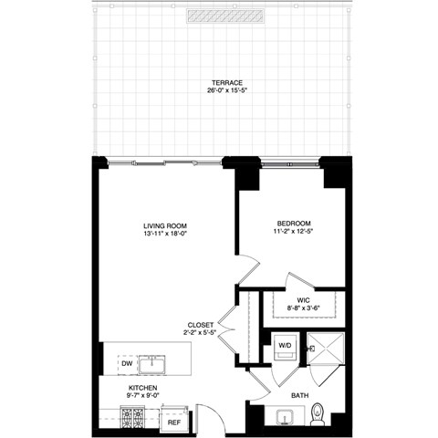 Floor plan for 1 bed, 1 bath, 761 sqft